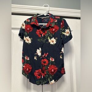 Boys Navy Button Down with Floral Print